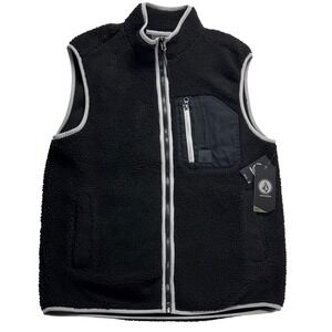 Volcom Muzzer Fuzzar Vest Mens Medium Black Sherpa Fleece Full Zip NEW